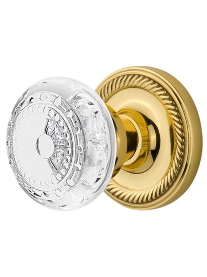 Rope Rosette Door Set with Meadows Crystal-Glass Knobs - 2 3/4 in Un-Lacquered Brass.
